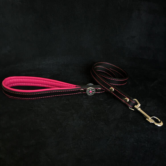 Bestia Bijou Leather Dog Leash - Black with Pink