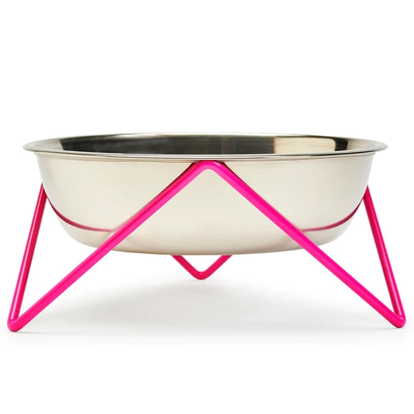 ELEVATED WOOF LUXE "POP" CHROME DOG BOWL WITH PINK STAND - BENDO