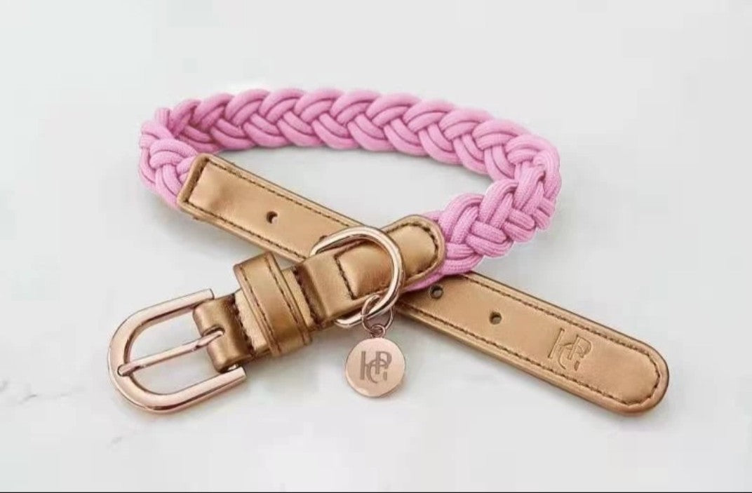 PLAITED DOG COLLAR - PEONY/ROSE GOLD