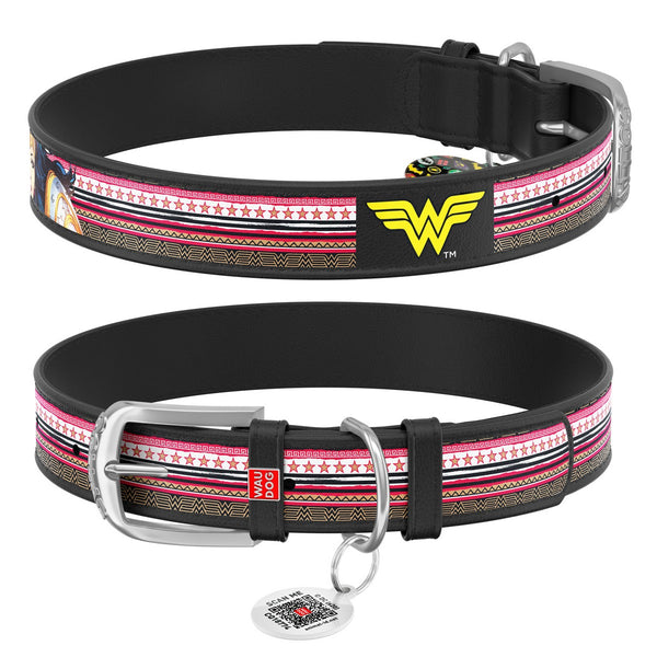 WauDog DC Comic Wonder Woman Leather Collar and free Smart ID Tag