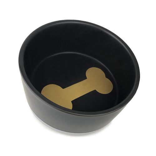 Barkley and Bella BARK Black Ceramic Dog Bowl with Bark and Bone in Gold