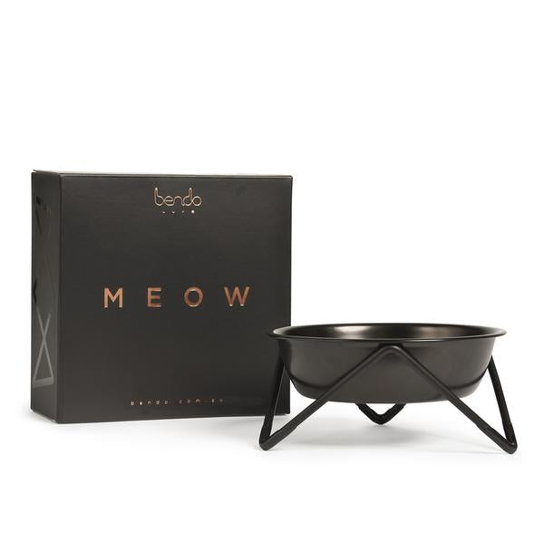 ELEVATED MEOW LUXE BLACK ON BLACK CAT BOWL WITH BLACK STAND - BENDO