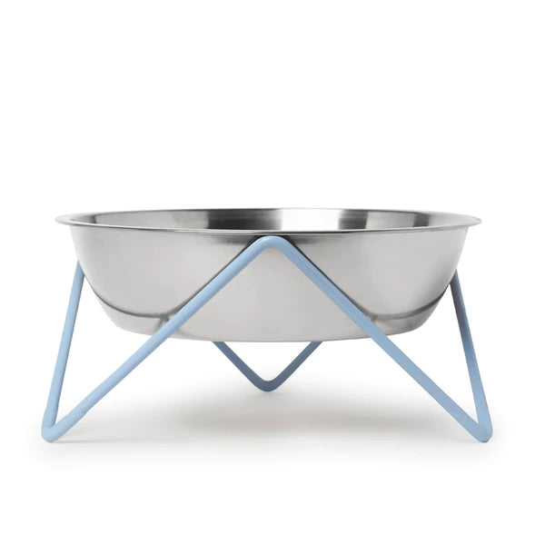 ELEVATED WOOF LUXE "POP" CHROME DOG BOWL WITH CASHMERE BLUE STAND - BENDO