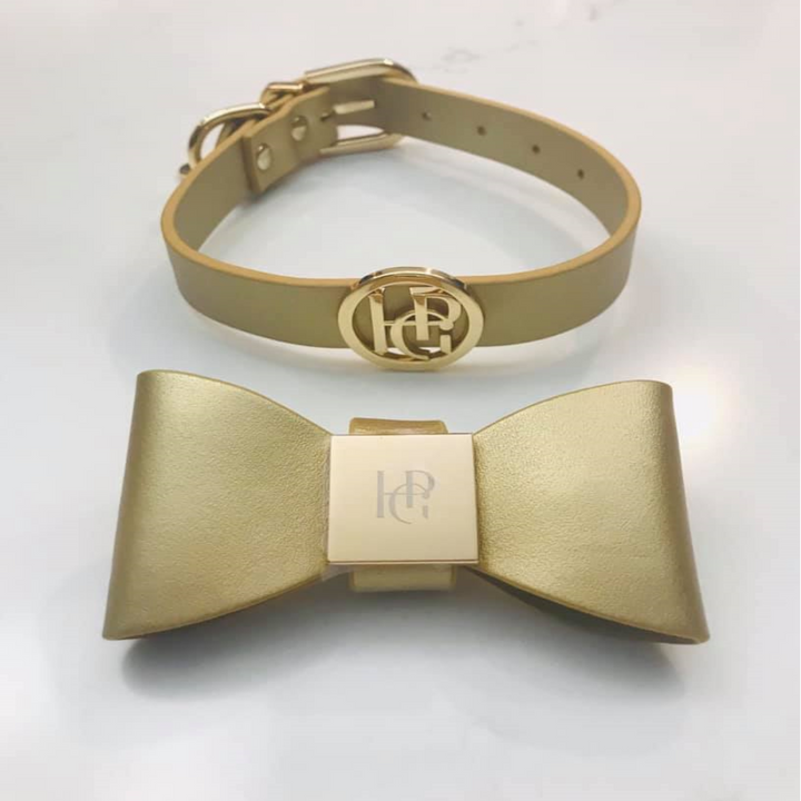 Leather Bow Tie Collar - Champagne - HGP