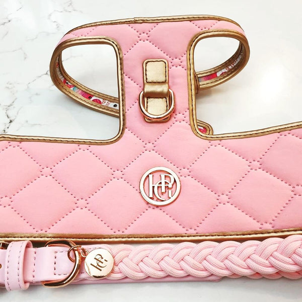 HGP pink leather dog harness and leash