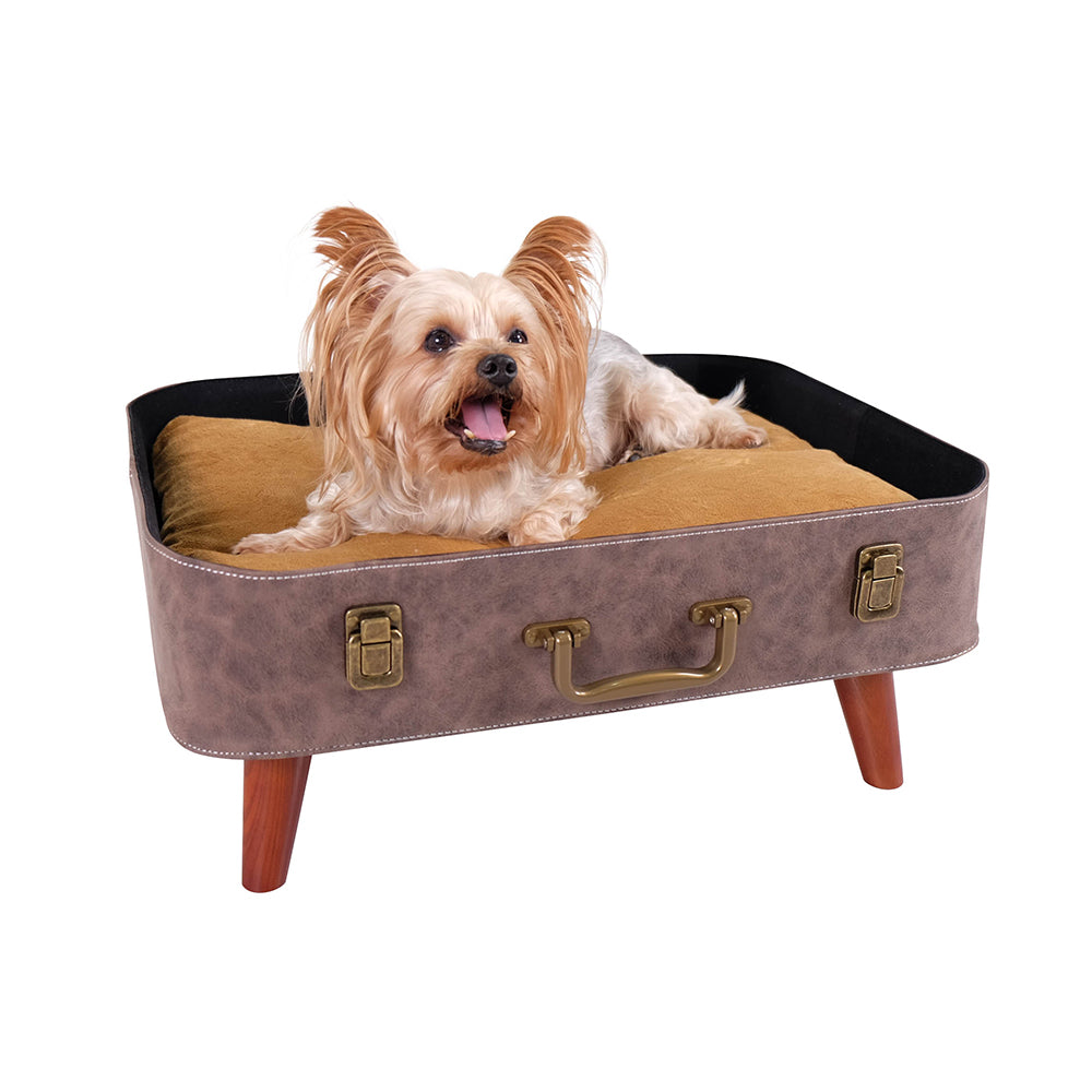 IBIYAYA VINTAGE RETRO SUITCASE PET BED - BROWN