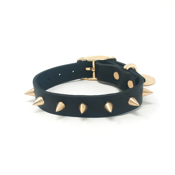 SPIKE LEATHER DOG COLLAR - GOLD NOIR - Nice Digs