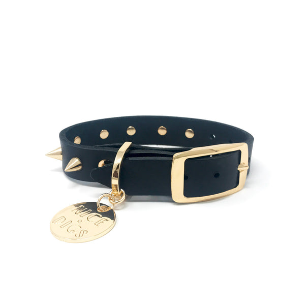 SPIKE LEATHER DOG COLLAR - GOLD NOIR - Nice Digs